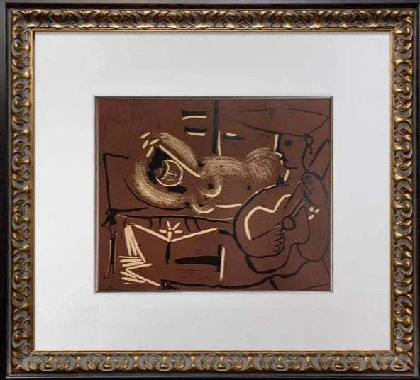 Pablo PICASSO Linocut Limited Edition "Femme couchee et guitariste"