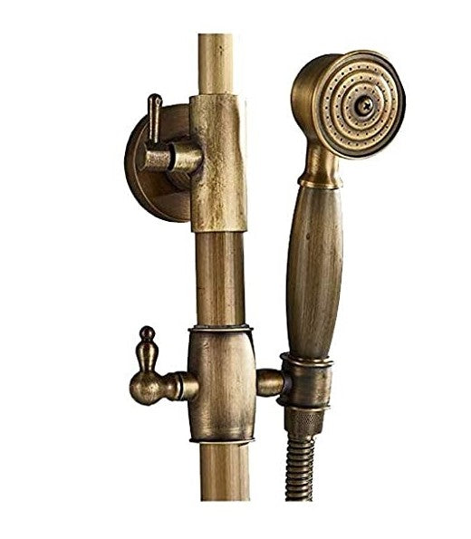 Exposed Shower System: The exposed shower is a 3 in 1 shower system that functions as a rainfall shower, handheld shower or tub spout. Rainfall shower head / Handheld shower spray with flexible hose / Bathtub Spout with switch diverter / Separate hot and cold handles for precise adjustment. Brushed Brass.