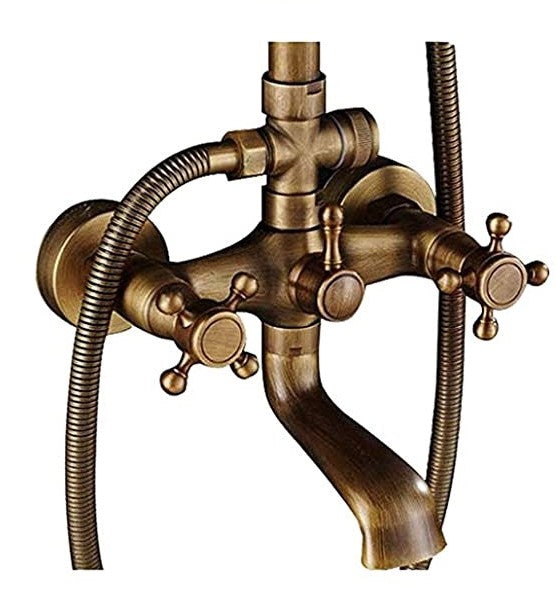 Exposed Shower System: The exposed shower is a 3 in 1 shower system that functions as a rainfall shower, handheld shower or tub spout. Rainfall shower head / Handheld shower spray with flexible hose / Bathtub Spout with switch diverter / Separate hot and cold handles for precise adjustment. Brushed Brass.
