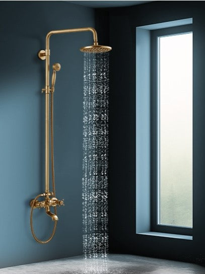 Exposed Shower System: The exposed shower is a 3 in 1 shower system that functions as a rainfall shower, handheld shower or tub spout. Rainfall shower head / Handheld shower spray with flexible hose / Bathtub Spout with switch diverter / Separate hot and cold handles for precise adjustment. Brushed Brass.