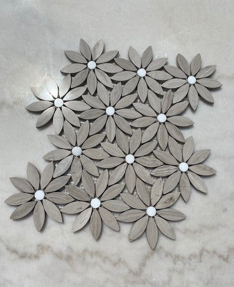 Grigio Daisy Mosaic Tile: This flower pattern water jet marble mosaic, featuring light gray petals with a round white center, is a popular choice for bathroom flooring, shower surrounds, fountains, kitchen backsplashes, and any interior or exterior feature wall.